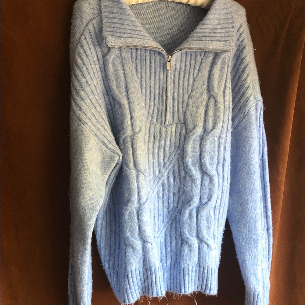 Cozy Sky Blue Cable Half-Zip Turtleneck Sweater
